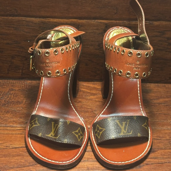 Louis Vuitton Brown and Gold Heeled Sandals - Picture 1 of 10